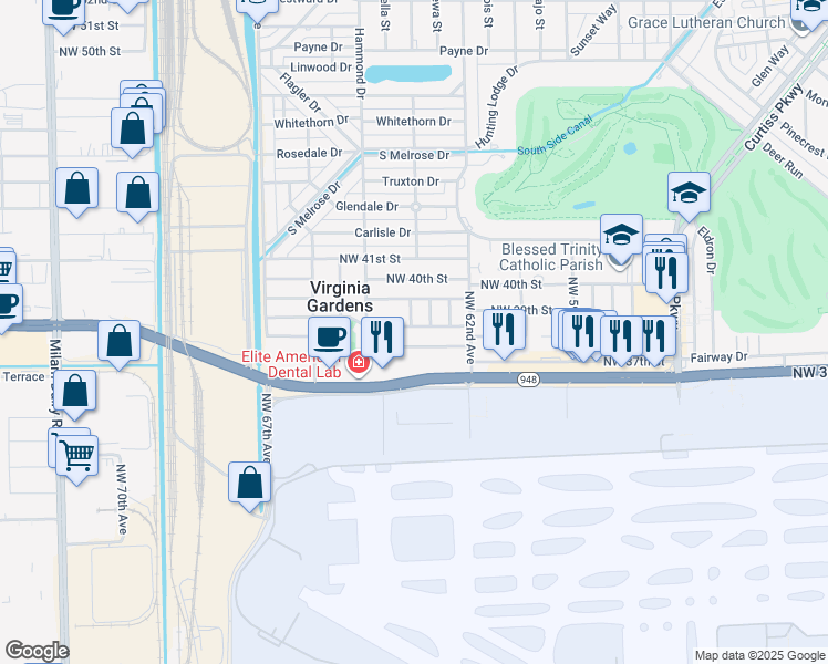 map of restaurants, bars, coffee shops, grocery stores, and more near 6330 Northwest 38th Terrace in Virginia Gardens