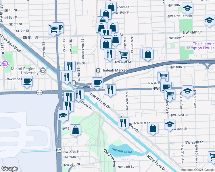 map of restaurants, bars, coffee shops, grocery stores, and more near 3623 Northwest 37th Court in Miami