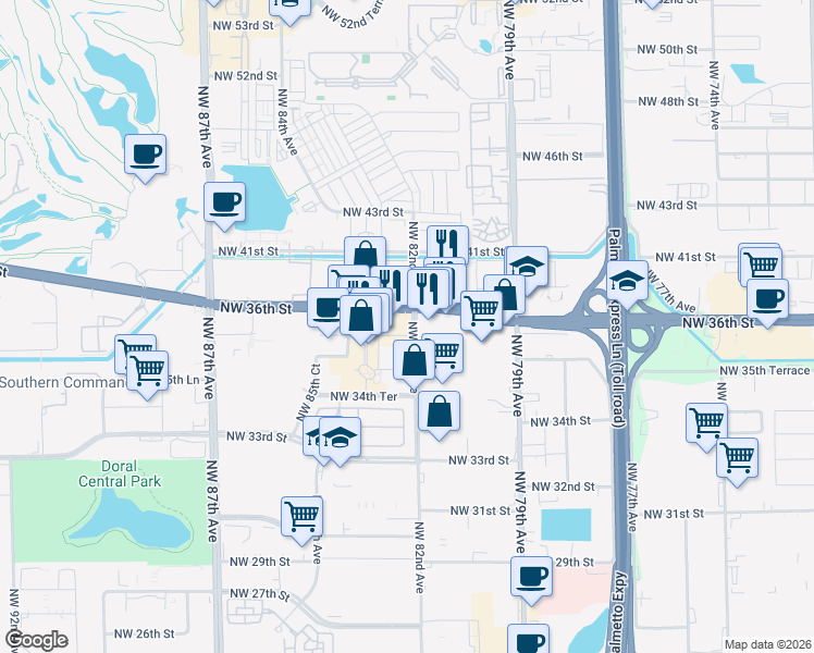map of restaurants, bars, coffee shops, grocery stores, and more near 8200 Northwest 36th Street in Doral