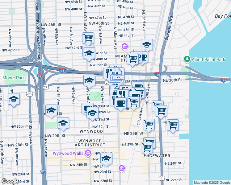 map of restaurants, bars, coffee shops, grocery stores, and more near 29 Northwest 34th Terrace in Miami