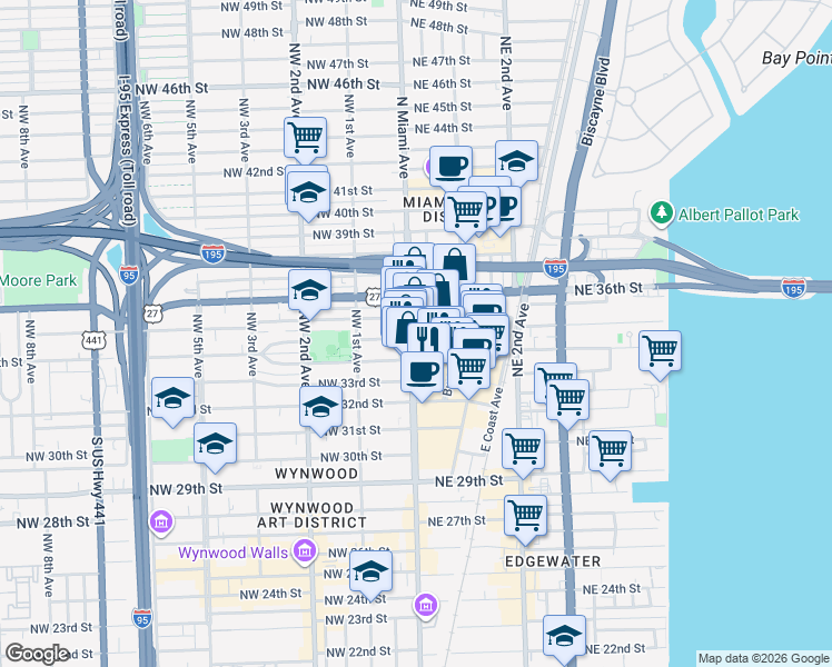 map of restaurants, bars, coffee shops, grocery stores, and more near 116 North Miami Avenue in Miami