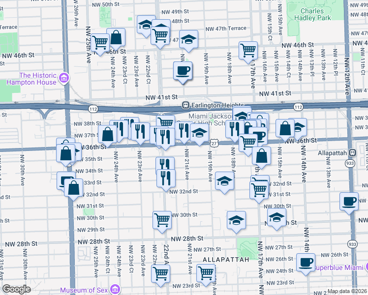 map of restaurants, bars, coffee shops, grocery stores, and more near 2120 Northwest 36th Street in Miami