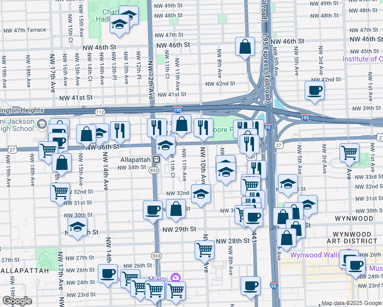map of restaurants, bars, coffee shops, grocery stores, and more near 1045 Northwest 35th Street in Miami