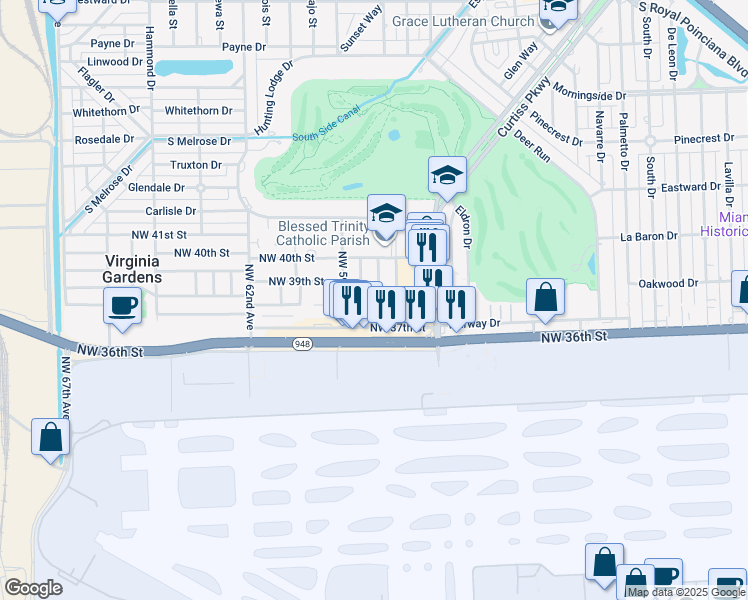 map of restaurants, bars, coffee shops, grocery stores, and more near 5851 Northwest 38th Street in Virginia Gardens