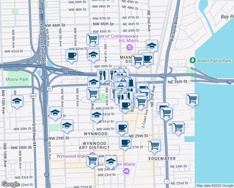 map of restaurants, bars, coffee shops, grocery stores, and more near 29 Northwest 34th Terrace in Miami