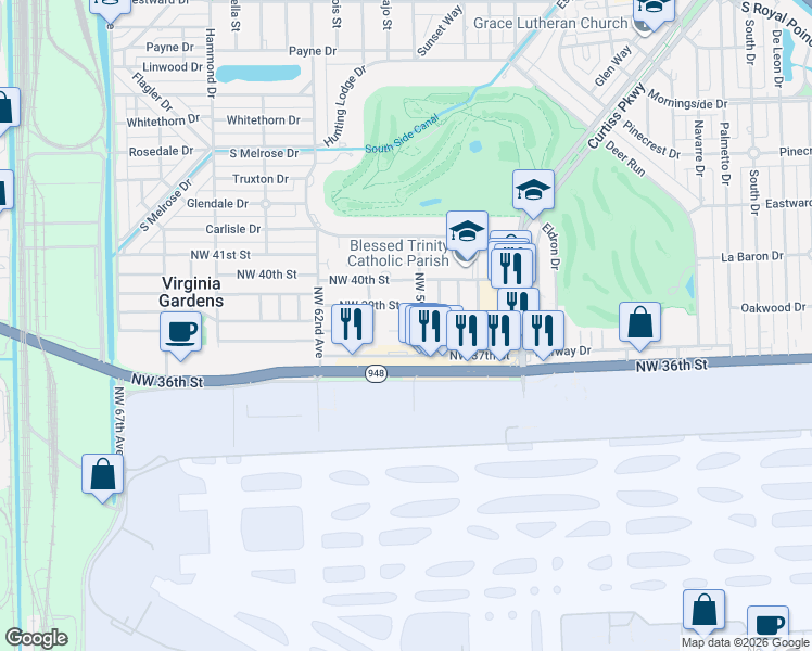 map of restaurants, bars, coffee shops, grocery stores, and more near 5915 Northwest 38th Street in Virginia Gardens