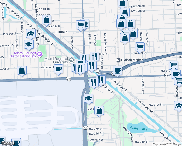 map of restaurants, bars, coffee shops, grocery stores, and more near 1111 South Royal Poinciana Boulevard in Miami Springs