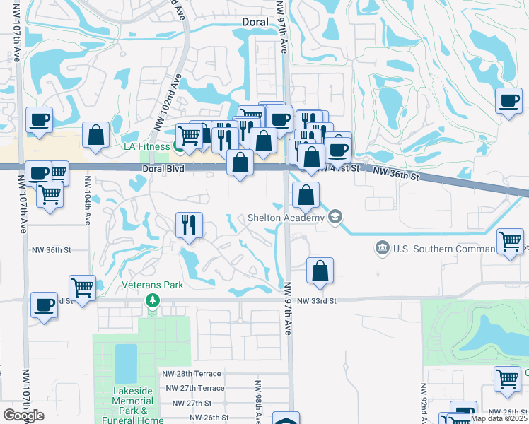map of restaurants, bars, coffee shops, grocery stores, and more near 5860 Alcantara Avenue in Doral
