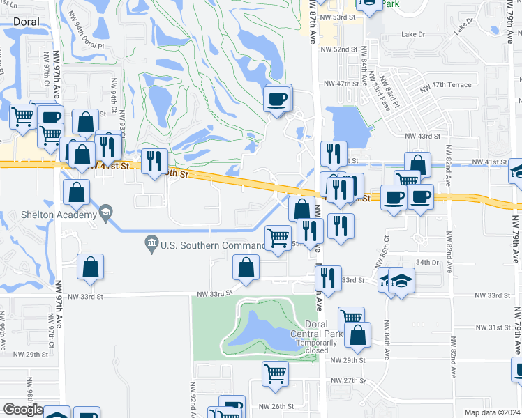 map of restaurants, bars, coffee shops, grocery stores, and more near 8850 Northwest 36th Street in Doral
