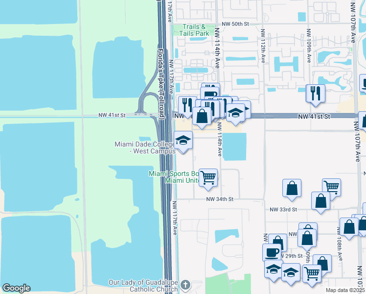 map of restaurants, bars, coffee shops, grocery stores, and more near 3510 Northwest 115th Avenue in Doral
