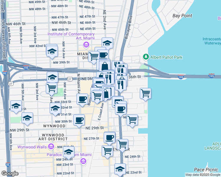 map of restaurants, bars, coffee shops, grocery stores, and more near 3400 Biscayne Boulevard in Miami