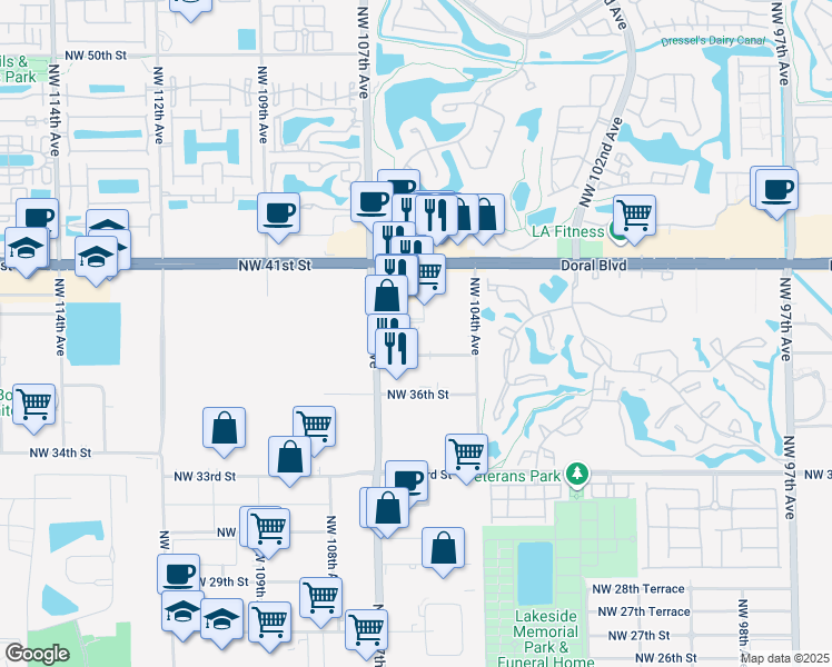 map of restaurants, bars, coffee shops, grocery stores, and more near 3875 Northwest 107th Avenue in Miami