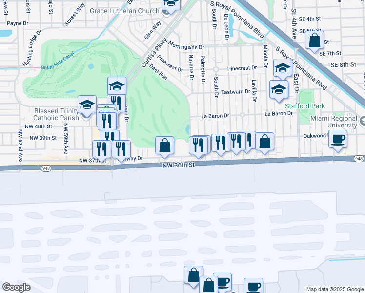 map of restaurants, bars, coffee shops, grocery stores, and more near 101 Fairway Drive in Miami