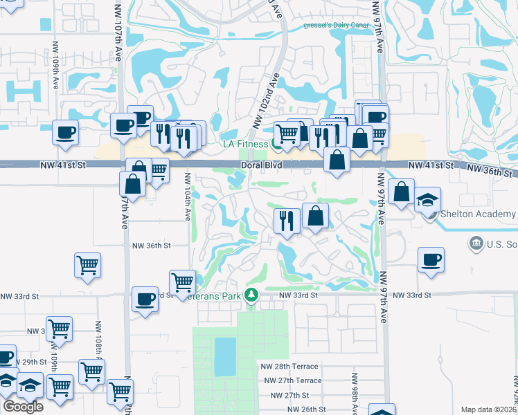 map of restaurants, bars, coffee shops, grocery stores, and more near 10147 Costa Del Sol Boulevard in Doral