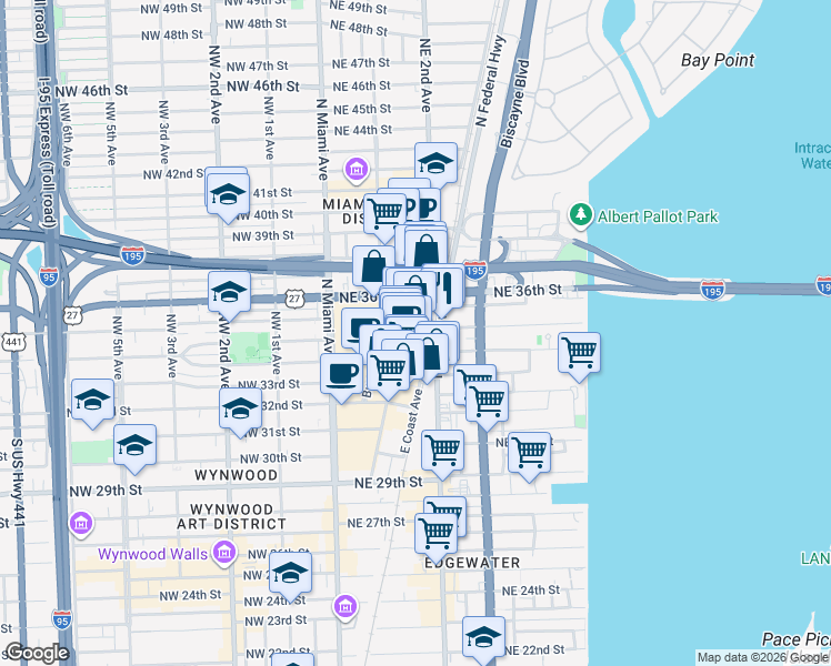 map of restaurants, bars, coffee shops, grocery stores, and more near 3449 Northeast 1st Avenue in Miami
