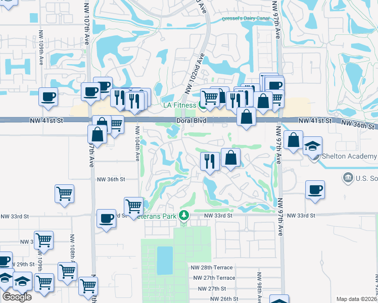 map of restaurants, bars, coffee shops, grocery stores, and more near 10147 Costa Del Sol Boulevard in Doral