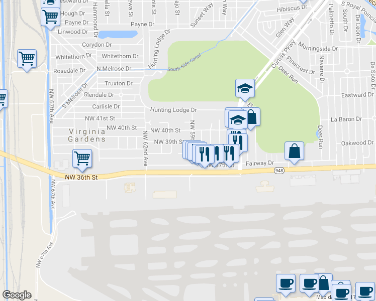 map of restaurants, bars, coffee shops, grocery stores, and more near 5915 Northwest 38th Street in Virginia Gardens