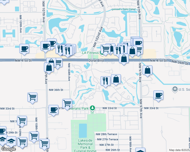 map of restaurants, bars, coffee shops, grocery stores, and more near 10147 Costa Del Sol Boulevard in Doral