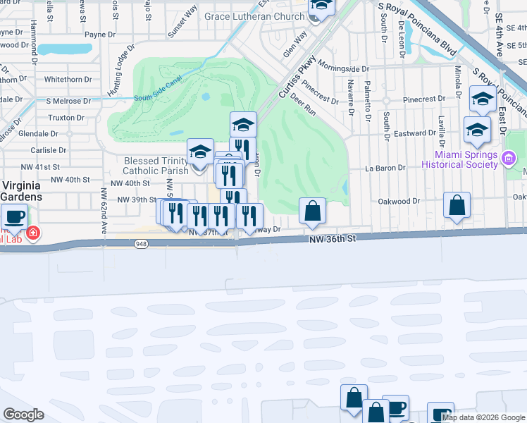 map of restaurants, bars, coffee shops, grocery stores, and more near 627 Eldron Drive in Miami Springs