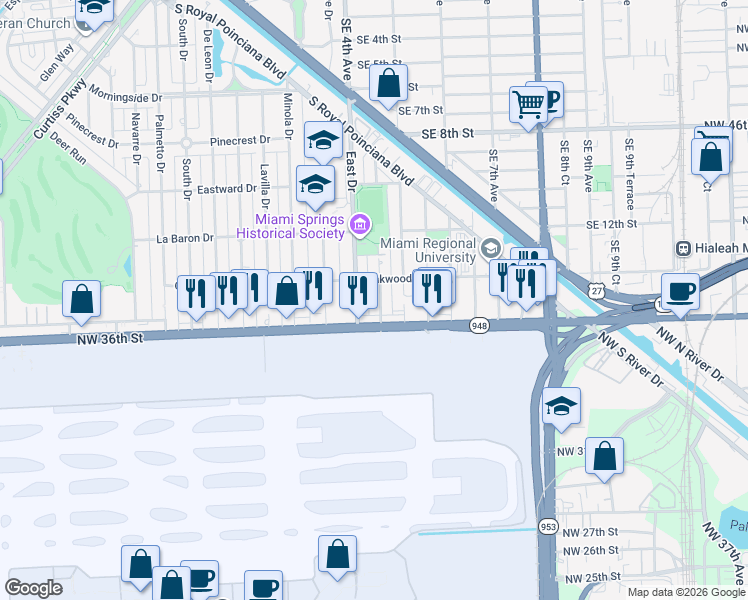 map of restaurants, bars, coffee shops, grocery stores, and more near 661 East Drive in Miami Springs