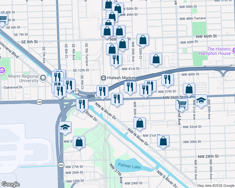 map of restaurants, bars, coffee shops, grocery stores, and more near 3623 Northwest 37th Court in Miami