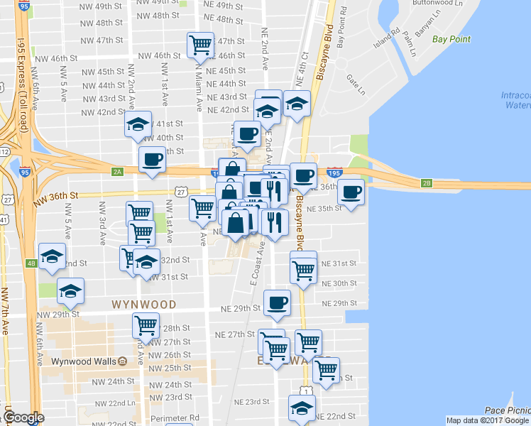 map of restaurants, bars, coffee shops, grocery stores, and more near h201 East Coast Avenue in Miami