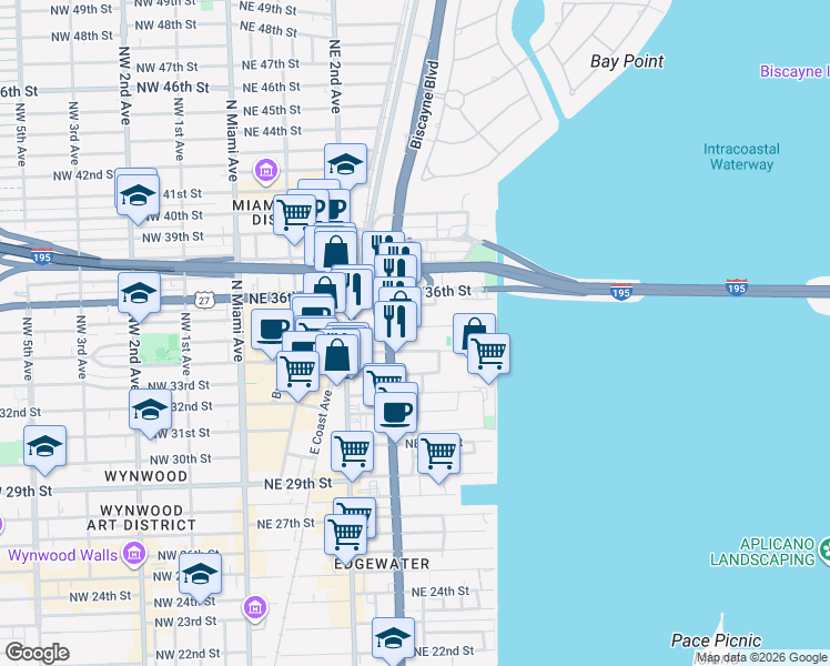 map of restaurants, bars, coffee shops, grocery stores, and more near 404 Northeast 35th Street in Miami