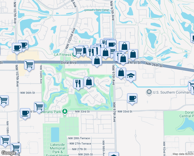 map of restaurants, bars, coffee shops, grocery stores, and more near 3722 Barcelona Loop in Doral