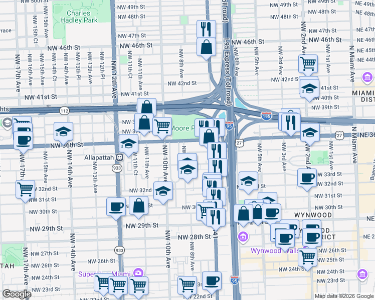 map of restaurants, bars, coffee shops, grocery stores, and more near 792 Northwest 35th Street in Miami