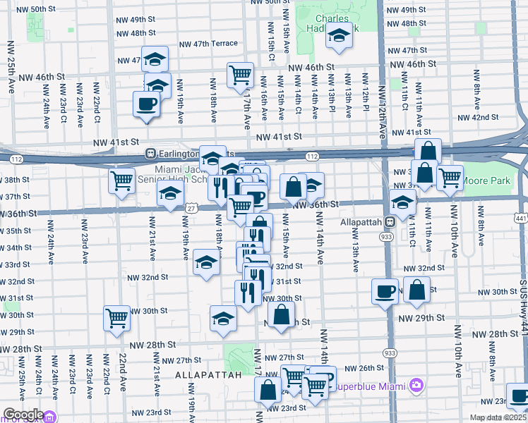 map of restaurants, bars, coffee shops, grocery stores, and more near 1601 Northwest 35th Street in Miami
