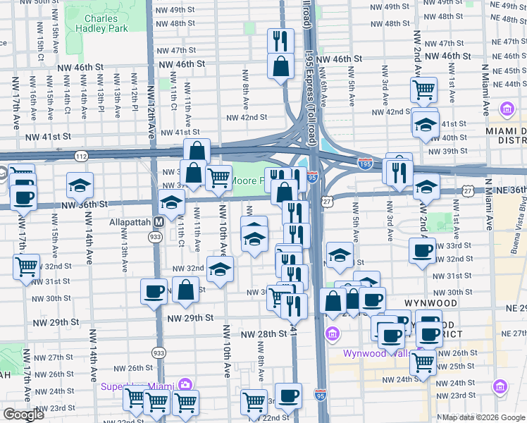 map of restaurants, bars, coffee shops, grocery stores, and more near 792 Northwest 35th Street in Miami