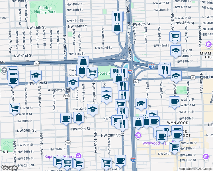 map of restaurants, bars, coffee shops, grocery stores, and more near 792 Northwest 35th Street in Miami