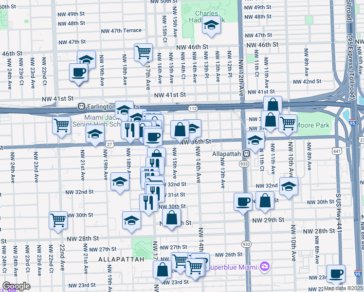map of restaurants, bars, coffee shops, grocery stores, and more near in Miami