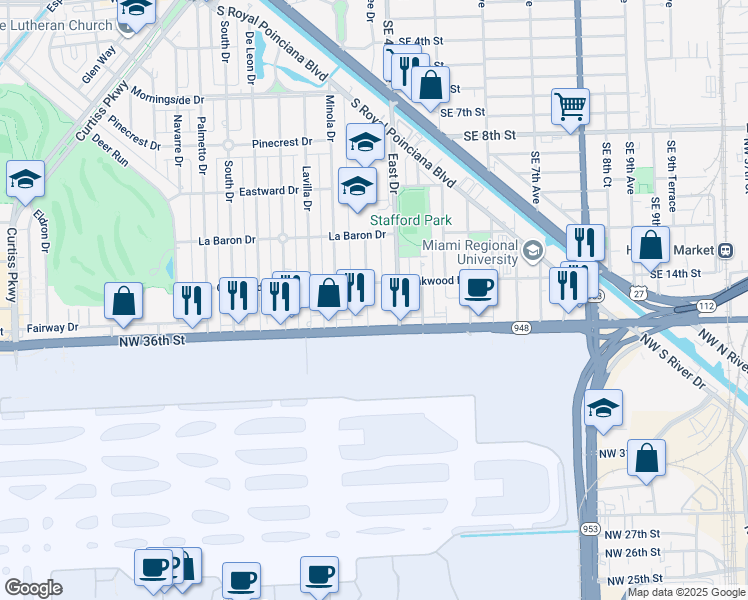 map of restaurants, bars, coffee shops, grocery stores, and more near 641 Mokena Drive in Miami Springs