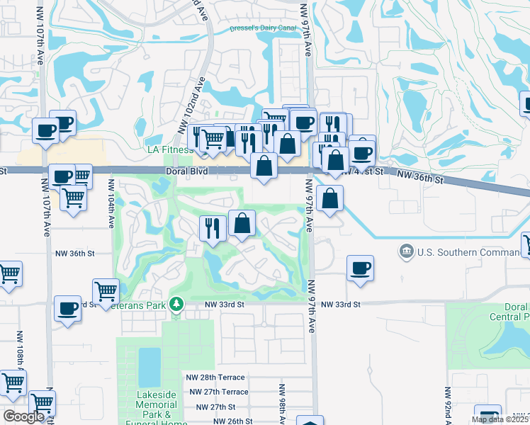 map of restaurants, bars, coffee shops, grocery stores, and more near 3722 Barcelona Loop in Doral