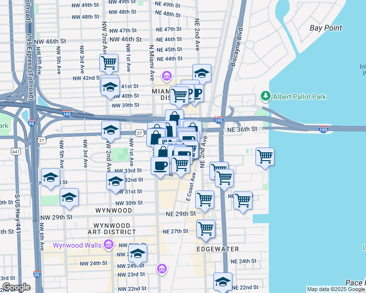 map of restaurants, bars, coffee shops, grocery stores, and more near 3401 Northeast 1st Avenue in Miami