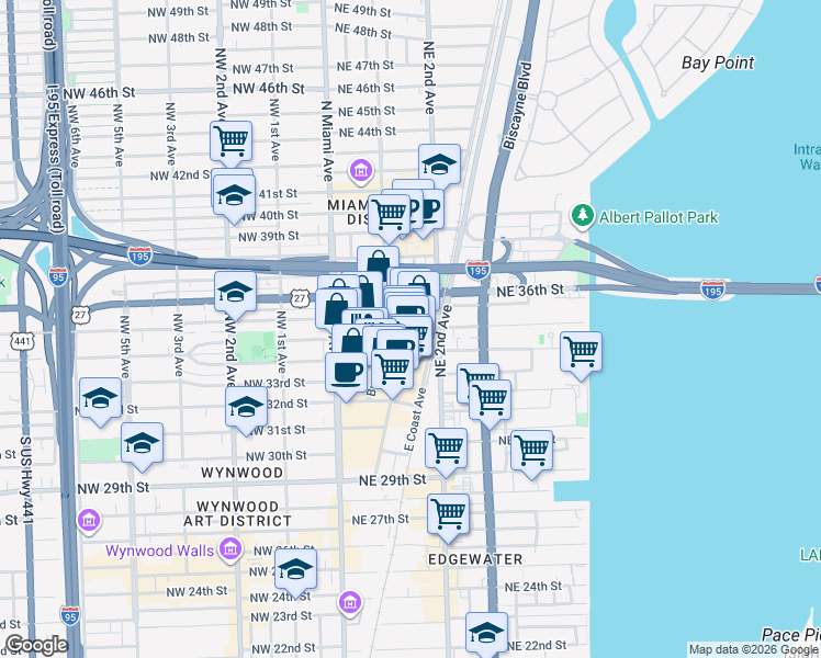 map of restaurants, bars, coffee shops, grocery stores, and more near 3402 Northeast 1st Avenue in Miami