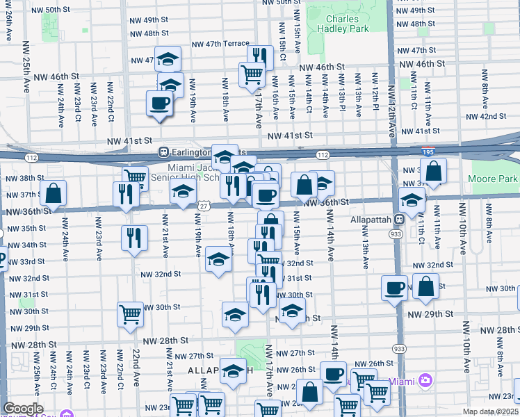 map of restaurants, bars, coffee shops, grocery stores, and more near 1726 Northwest 36th Street in Miami