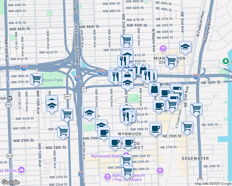 map of restaurants, bars, coffee shops, grocery stores, and more near 255 Northwest 34th Terrace in Miami