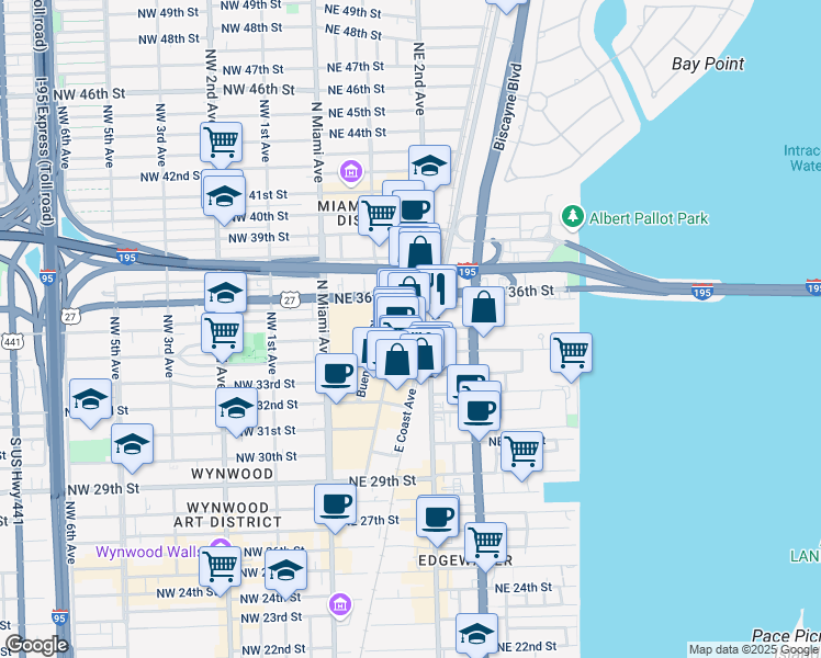 map of restaurants, bars, coffee shops, grocery stores, and more near 3449 Northeast 1st Avenue in Miami