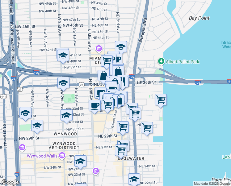 map of restaurants, bars, coffee shops, grocery stores, and more near 3449 Northeast 1st Avenue in Miami