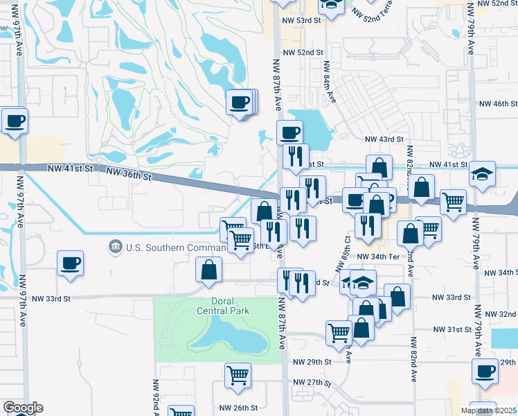 map of restaurants, bars, coffee shops, grocery stores, and more near 8750 Northwest 36th Street in Miami