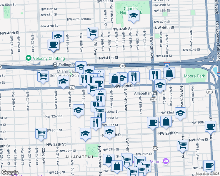 map of restaurants, bars, coffee shops, grocery stores, and more near 1481 Northwest 35th Street in Miami