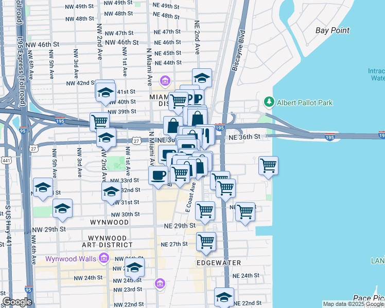 map of restaurants, bars, coffee shops, grocery stores, and more near 3449 Northeast 1st Avenue in Miami