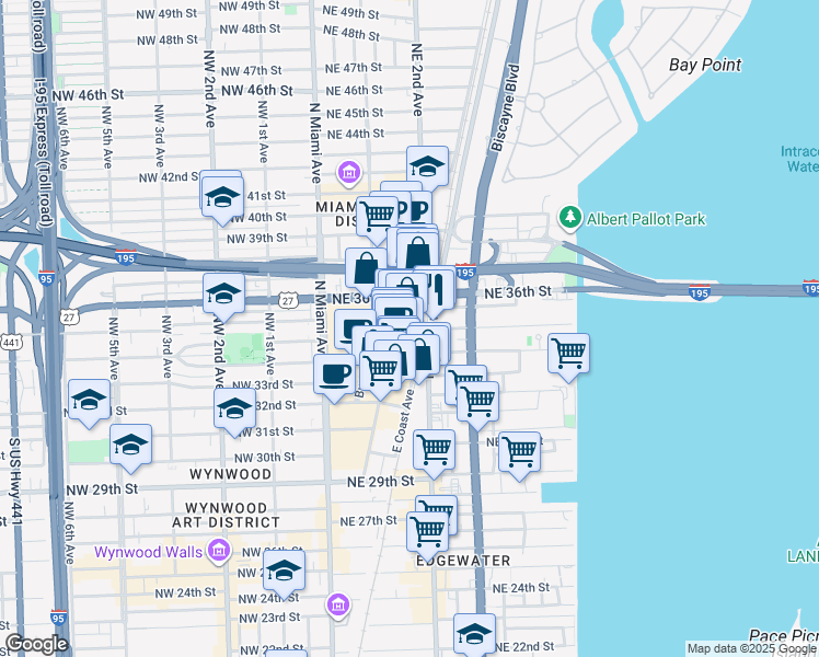 map of restaurants, bars, coffee shops, grocery stores, and more near 3449 Northeast 1st Avenue in Miami