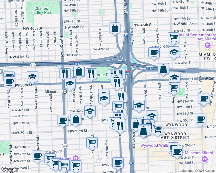 map of restaurants, bars, coffee shops, grocery stores, and more near 792 Northwest 35th Street in Miami