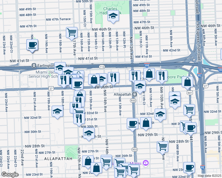 map of restaurants, bars, coffee shops, grocery stores, and more near 1335 Northwest 35th Street in Miami