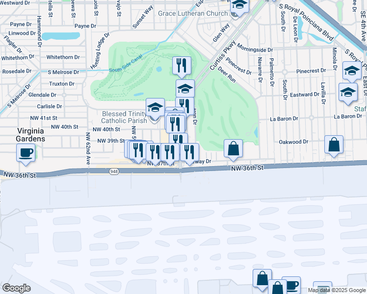 map of restaurants, bars, coffee shops, grocery stores, and more near 3959-3999 Curtiss Parkway in Miami Springs