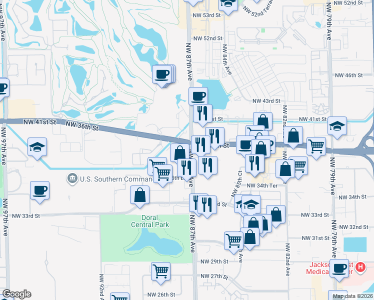 map of restaurants, bars, coffee shops, grocery stores, and more near 8750 Northwest 36th Street in Doral