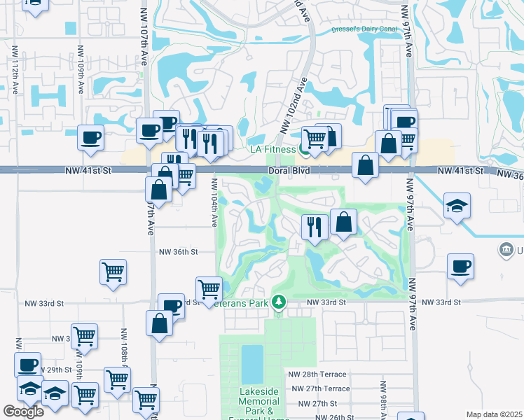 map of restaurants, bars, coffee shops, grocery stores, and more near 3853 Estepona Avenue in Doral